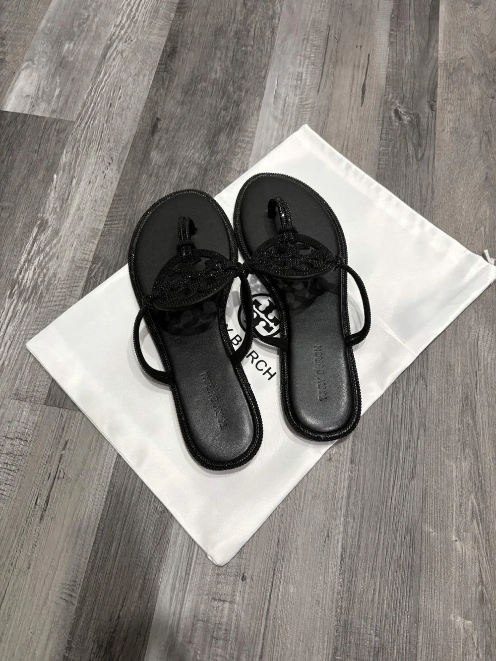 Tory Burch Miller Crystal Logo Sandals Black Rhinestone Size 38 US 7.5 8